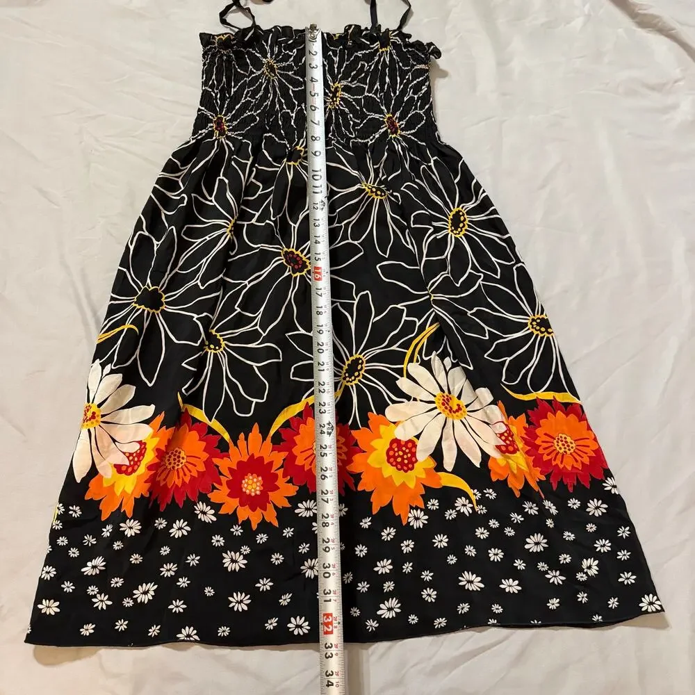 Anna Sui Anthropologie Silk Tie Straps Floral Dress Small S Black Smocked - Picture 10 of 13